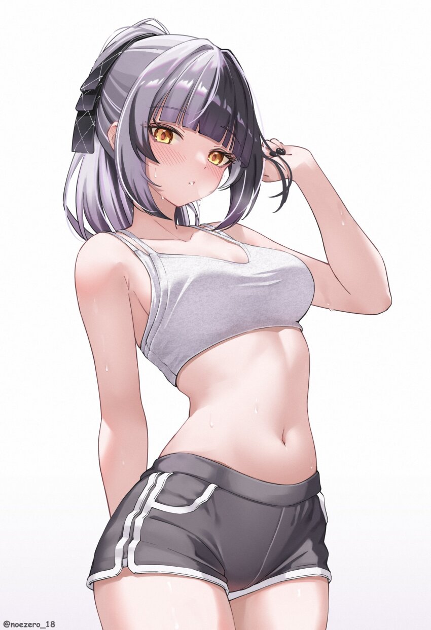 1girl black_hair black_shorts breasts grey_hair grey_sports_bra high_ponytail highres hololive hololive_english large_breasts long_hair looking_at_viewer multicolored_hair navel noeee ponytail shiori_novella shorts simple_background solo split-color_hair sports_bra sweat two-tone_hair virtual_youtuber white_background yellow_eyes