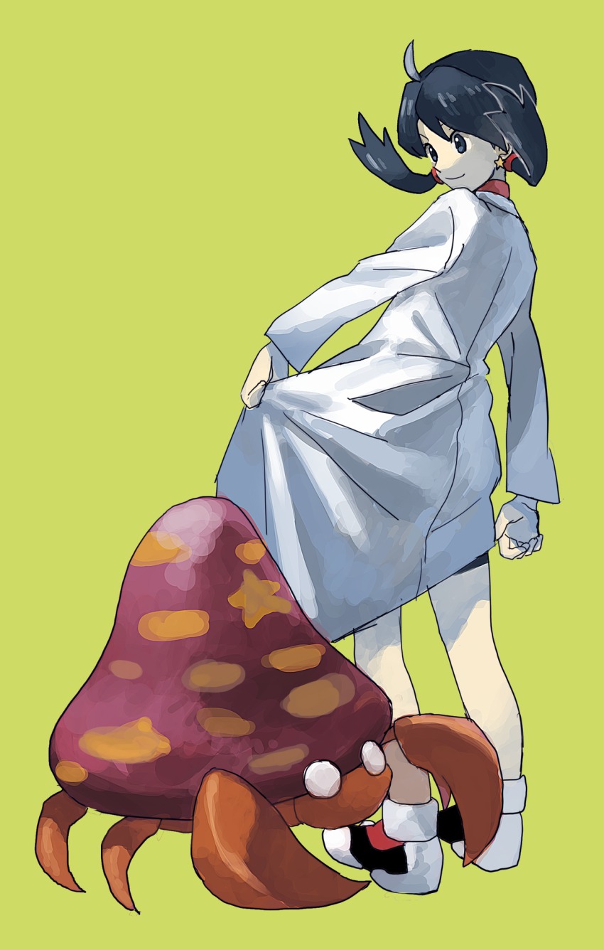1girl bad_id bad_tumblr_id black_hair blue_eyes earrings gen_1_pokemon green_background highres jewelry kris_(pokemon) lab_coat nintendo parasect pokemon pokemon_(creature) pokemon_adventures sanigo simple_background star_(symbol) star_earrings twintails
