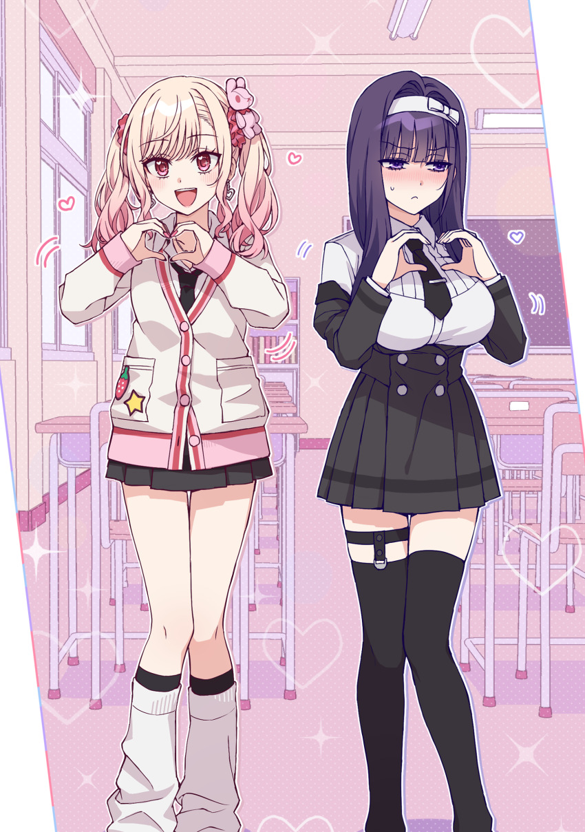 2girls :&lt; :d absurdres black_hair black_necktie black_skirt black_thighhighs blonde_hair blush breasts classroom collared_shirt commentary_request gradient_hair hair_intakes hair_ornament hair_scrunchie hairband heart heart_hands highres large_breasts long_hair loose_socks majigawa multicolored_hair multiple_girls necktie open_mouth original ougami_shiki partial_commentary pink_hair pink_nails purple_eyes rabbit_hair_ornament red_eyes red_scrunchie sakura_menon school_uniform scrunchie shirt skirt smile socks somechime_(sometime1209) sparkling_eyes sweatdrop thighhighs twintails white_hairband white_socks