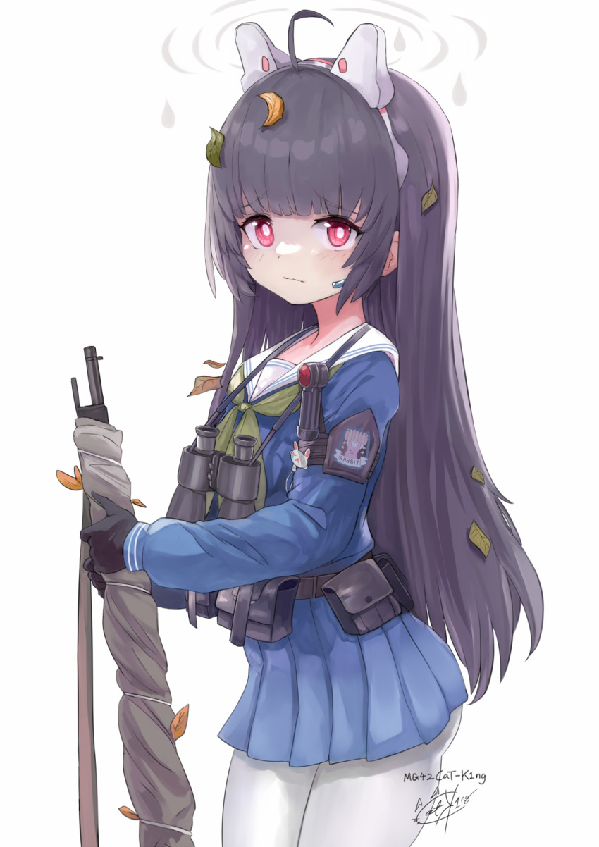 1girl ahoge animal_ears artist_name ass binoculars black_gloves black_hair blue_archive blue_shirt blue_skirt bolt_action commentary cowboy_shot fake_animal_ears gloves green_neckerchief grey_halo gun halo highres leaf leaf_on_head long_hair long_sleeves looking_at_viewer mg42cat-k1ng miyu_(blue_archive) mosin-nagant neckerchief pantyhose pleated_skirt rabbit_ears red_eyes rifle sailor_collar school_uniform serafuku shirt shoe_print signature simple_background skirt solo weapon white_background white_pantyhose white_sailor_collar