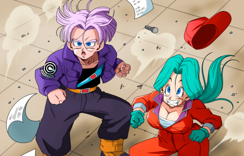 1boy 1girl :o blue_eyes bodysuit boots breasts bulma bulma_(future) capsule_corp cleavage clenched_teeth dragon_ball dragonball_z earrings floating_hair from_above gloves green_hair hair_between_eyes hands_up hat highres indoors jacket jewelry large_breasts legs long_hair low_ponytail mother_and_son open_mouth paper ponytail purple_hair red_cap short_hair standing teeth thighs tile_floor tiles trunks_(dragon_ball) trunks_(future)_(dragon_ball) unworn_hat unworn_headwear yamamoto_doujin