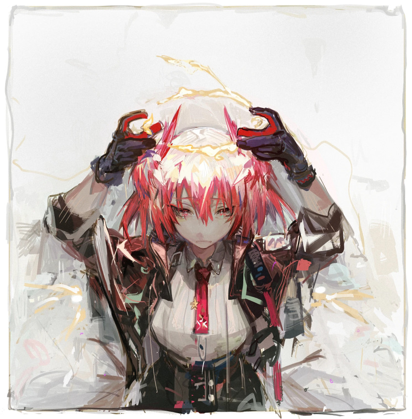 1girl arknights arms_up black_gloves black_jacket black_skirt border chest_harness chinese_commentary closed_mouth collared_shirt commentary_request fiammetta_(arknights) fire flaming_halo frown furrowed_brow gloves grey_background hair_between_eyes halo harness head_wings highres jacket looking_at_viewer multicolored_background necktie open_clothes open_jacket pipidan raised_eyebrows red_eyes red_gloves red_hair red_necktie shirt shirt_tucked_in short_hair skirt sleeves_rolled_up solo straight-on two-tone_gloves upper_body white_background white_border wings