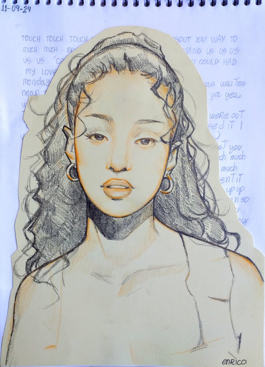 1girl artist_name black_hair curly_hair dated earrings english_text enri_(ceinordraws) graphite_(medium) highres jewelry katseye lips long_hair looking_at_viewer lyrics manon_(katseye) monochrome parted_lips ponytail real_life realistic signature sketch solo traditional_media upper_body