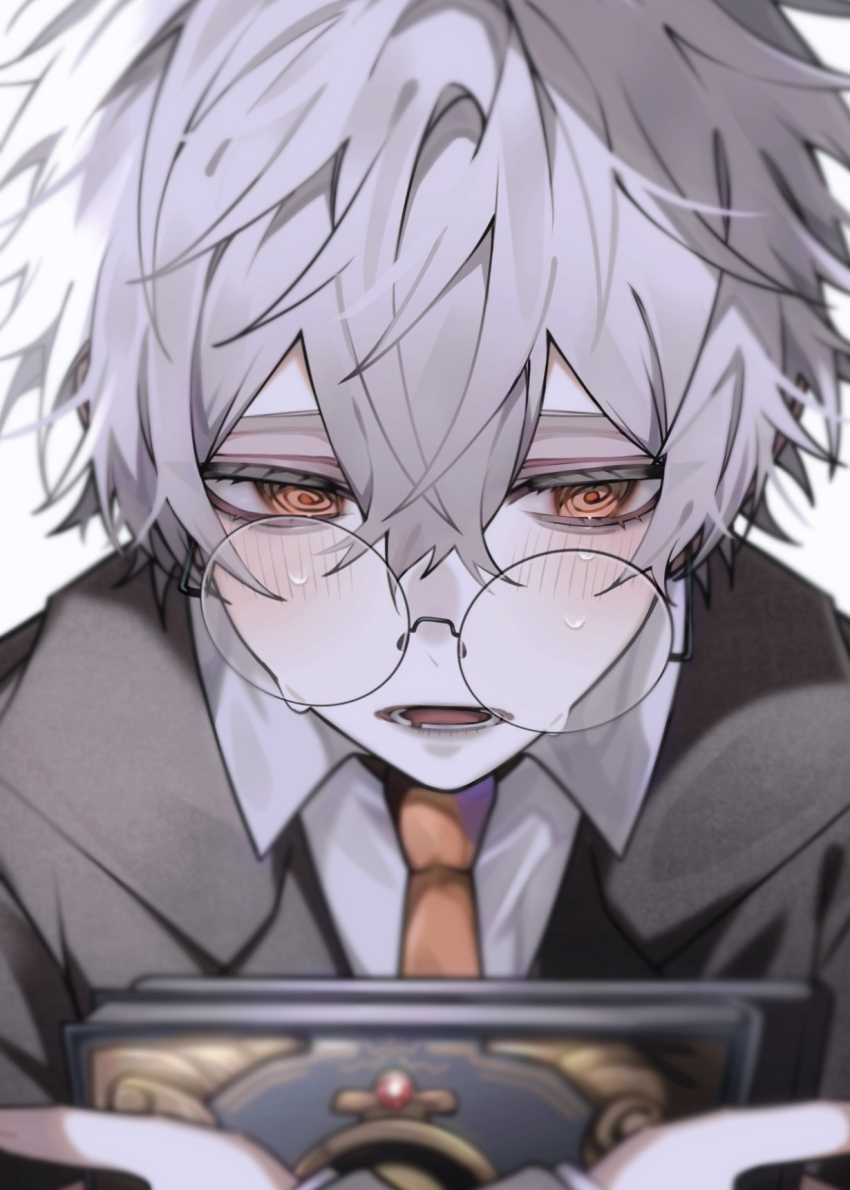 1boy @_@ alternate_costume black_jacket blush book collared_shirt commentary_request crooked_eyewear glasses grey_hair hair_between_eyes highres holding holding_book jacket long_sleeves male_focus missing_tooth necktie omumeshi open_mouth orange_eyes orange_necktie round_eyewear shirt simple_background skully_j._graves sweat twisted_wonderland white_background white_shirt