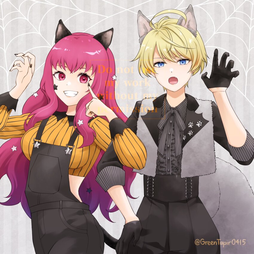 2girls ahoge alternate_costume animal_ears black_nails blonde_hair blue_eyes fire_emblem fire_emblem_engage halloween halloween_costume highres long_hair looking_at_viewer merrin_(fire_emblem) midori_no_baku multiple_girls nail_polish nintendo open_mouth red_eyes red_hair short_hair wolf_ears yunaka_(fire_emblem)