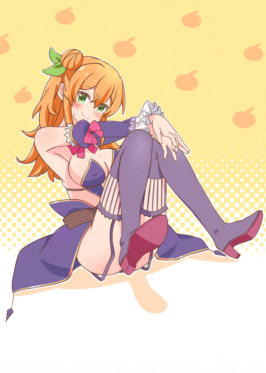 1girl absurdres adversarial_noise ass bare_shoulders blush boots bow breasts commentary convenient_leg cosplay crisis_management_form_(machikado_mazoku) detached_sleeves frilled_sleeves frills full_body garter_straps green_eyes hair_between_eyes hair_bun hands_on_own_knee high_heel_boots high_heels highres hinatsuki_mikan knees_together_feet_apart large_breasts long_hair long_sleeves looking_at_viewer machikado_mazoku orange_hair pon_sugar red_bow revealing_clothes showgirl_skirt simple_background sitting skirt smile solo thigh_boots wavy_mouth yoshida_yuuko_(machikado_mazoku) yoshida_yuuko_(machikado_mazoku)_(cosplay)