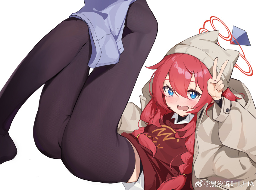 1girl absurdres beanie black_pantyhose blue_archive blue_eyes blush braid brown_shirt clothes_pull fine_fabric_emphasis grey_hat grey_shorts hair_between_eyes halo hat highres jacket long_hair long_sleeves looking_at_viewer maki_(blue_archive) maki_(camp)_(blue_archive) official_alternate_costume official_alternate_hairstyle open_clothes open_jacket open_mouth pantyhose red_hair red_halo shirt shorts shorts_pull simple_background solo suye twin_braids v white_background white_jacket