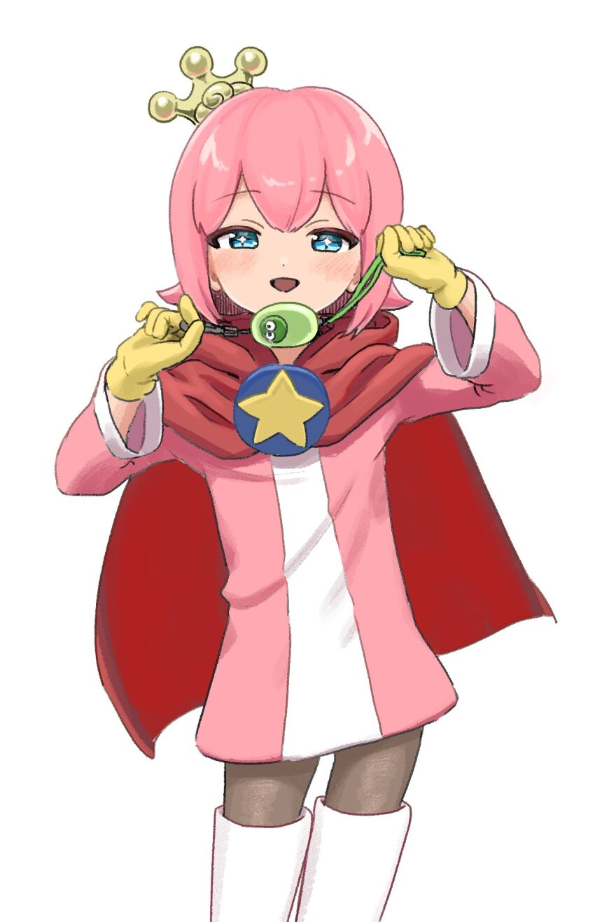 1boy black_pantyhose blue_eyes cape commentary cowboy_shot crime_prevention_buzzer crime_prevention_buzzer_threat crown gloves half-closed_eyes hands_up highres holding looking_at_viewer male_focus mini_crown motimoti_mgmg ocean_prince open_mouth pantyhose pink_hair pink_tunic puyopuyo puyopuyo_fever_2 red_cape salde_canarl_shellbrick_iii shukusei!!_loli-kami_requiem simple_background smile solo sparkling_eyes star_(symbol) thighhighs trap tunic white_background white_thighhighs yellow_gloves