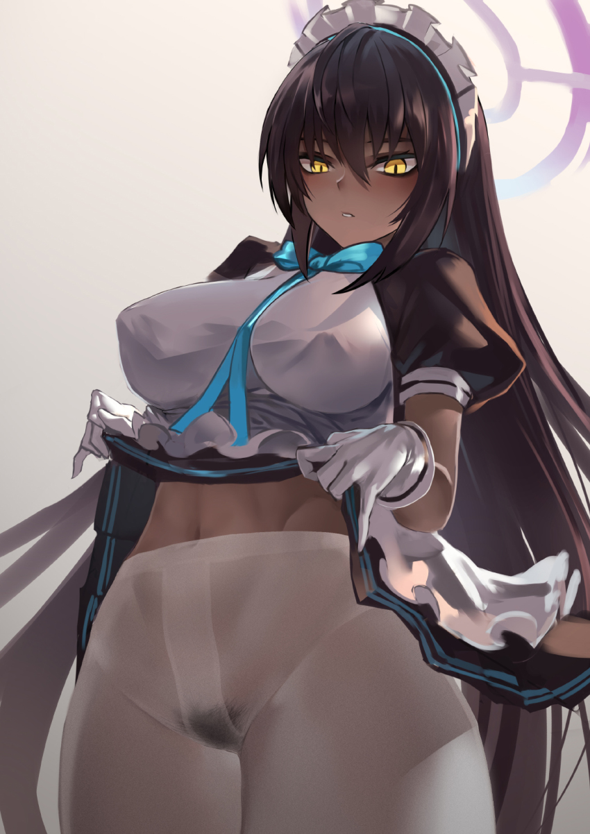 1girl apron aqua_bow aqua_bowtie backlighting bare_arms black_dress black_pubic_hair blue_archive bow bowtie breasts brown_hair clothes_lift covered_erect_nipples cowboy_shot dark-skinned_female dark_skin dress dress_lift female_pubic_hair frills gloves groin hair_between_eyes halo high-waist_pantyhose highres karin_(blue_archive) large_breasts lifting_own_clothes long_hair looking_at_viewer maid maid_headdress moderate_pubic_hair navel no_panties pantyhose parted_lips pinky_out polki pubic_hair puffy_short_sleeves puffy_sleeves see-through_clothes short_sleeves slit_pupils solo stomach toned very_long_hair white_apron white_gloves white_pantyhose yellow_eyes