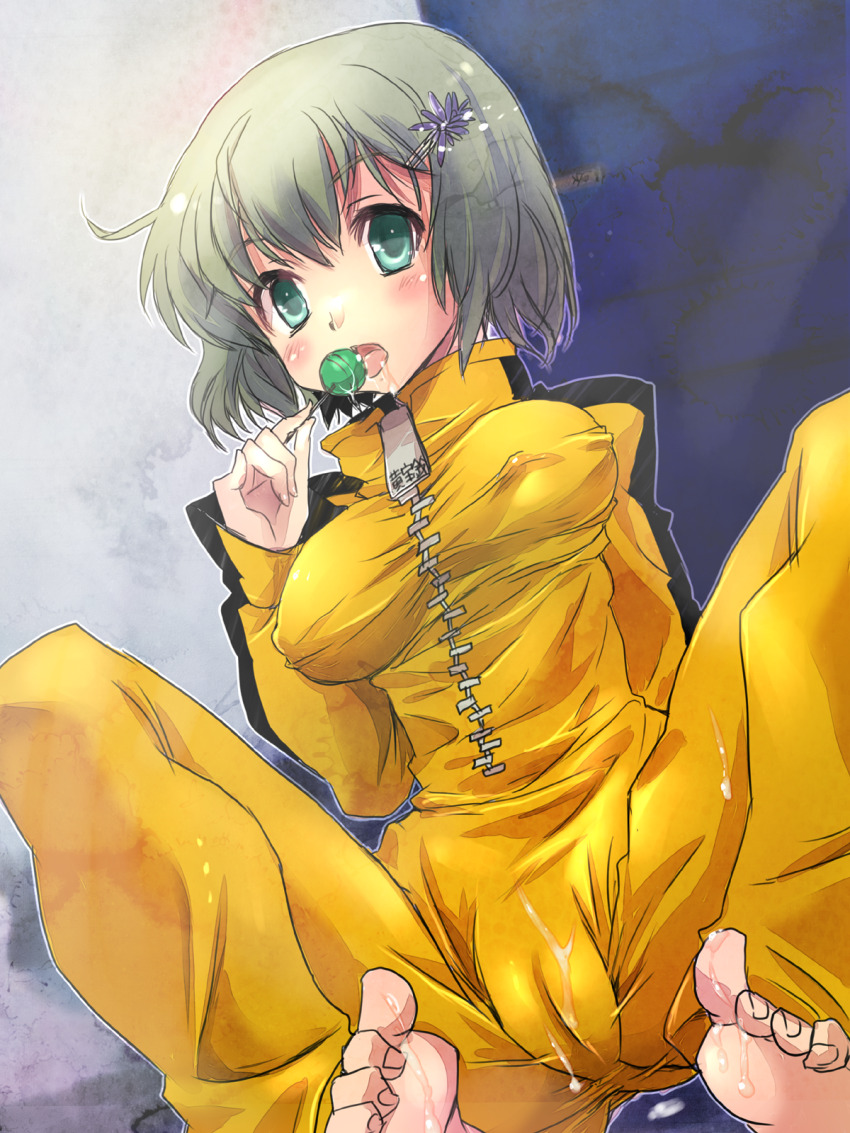 1girl asai_ichiko barefoot blue_eyes bodysuit breasts bruce_lee&#039;s_jumpsuit cameltoe candy commentary_request covered_erect_nipples cum cum_on_clothes fingernails flower food green_hair hair_flower hair_ornament hand_up highres holding holding_candy holding_food holding_lollipop huang_pao-lin lollipop long_sleeves medium_breasts purple_flower saliva short_hair sitting solo tiger_&amp;_bunny toenails yellow_bodysuit zipper zipper_pull_tab