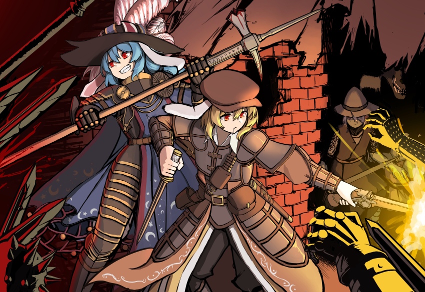 2girls absurdres adapted_costume allcy49 animal_ears armor armor_under_clothes black_headwear blonde_hair blue_hair brown_headwear cabbie_hat chinese_commentary commentary_request commission gloves hat highres holding holding_weapon mace multiple_girls multiple_scarves pixiv_commission rabbit_ears rabbit_girl red_eyes ringo_(touhou) seiran_(touhou) short_hair spiked_mace spikes touhou weapon