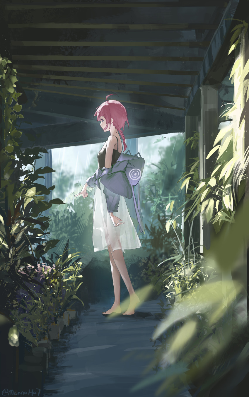 1girl absurdres ahoge alternate_costume barefoot black_camisole blunt_bangs braid braided_ponytail camisole clothes_down from_side full_body garden highres hood hood_down hooded_jacket jacket jacket_partially_removed kaf_(kamitsubaki_studio) kamitsubaki_studio looking_ahead looking_at_viewer mannaha7 medium_skirt outdoors pink_eyes pink_hair plant pointing see-through_clothes see-through_skirt skirt solo standing toes twitter_username virtual_youtuber white_skirt