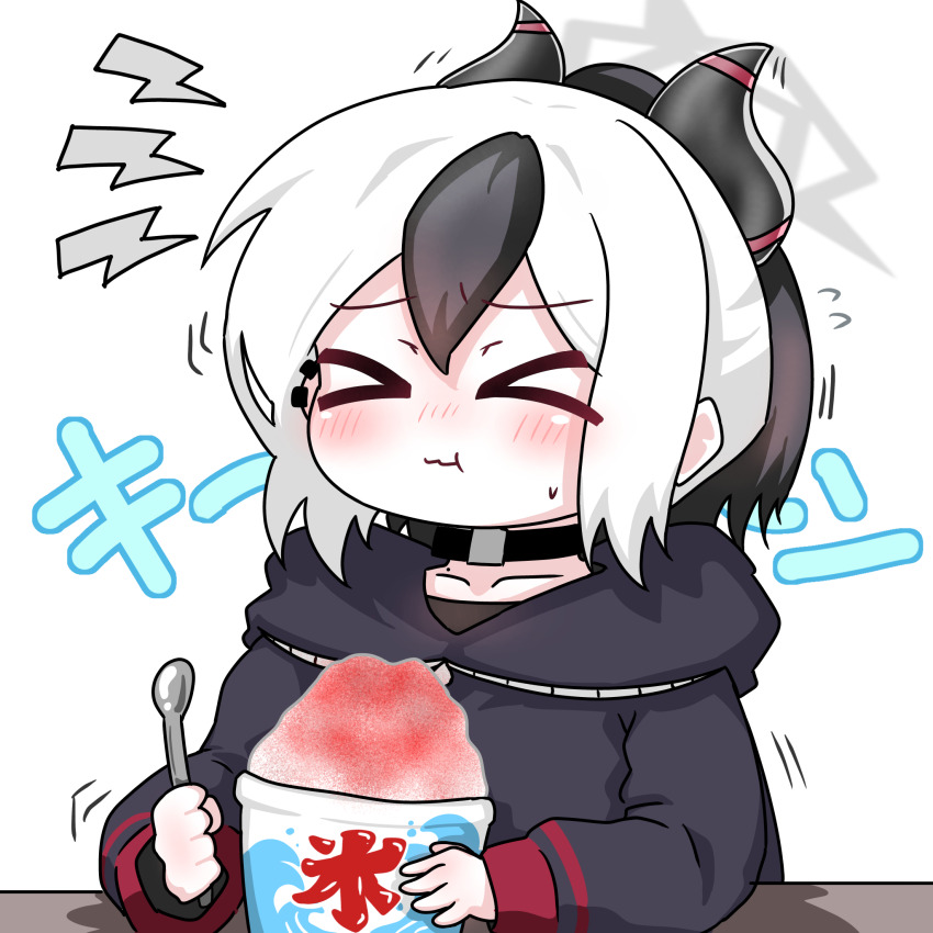 &gt;_&lt; 1girl black_hair blue_archive blush brain_freeze choker closed_eyes commentary_request ear_piercing eating food halo highres holding holding_spoon hood hoodie horns kayoko_(blue_archive) long_sleeves multicolored_hair nose_blush piercing ponytail shaved_ice solo spoon sweat tomimon translation_request trembling white_hair