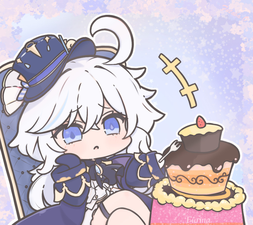 1girl ahoge ascot asymmetrical_gloves black_ascot black_gloves blue_brooch blue_dress blue_eyes blue_gemstone blue_hat cake character_name chibi chibi_only commentary cowlick crossed_legs dress drop-shaped_pupils food fork fruit furina_(genshin_impact) futaba_(anti_clockwise) gem genshin_impact gloves hair_between_eyes hat holding holding_fork long_hair long_sleeves mismatched_gloves mismatched_pupils solo strawberry symbol-only_commentary symbol-shaped_pupils thigh_strap top_hat white_gloves white_hair