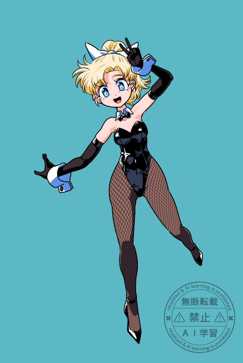 1girl alternate_costume bare_shoulders black_bow black_bowtie black_gloves black_leotard black_shoes blonde_hair blue_background blue_eyes bow bowtie breasts detached_collar dragon_quest dragon_quest_ii elbow_gloves fishnet_pantyhose fishnets full_body gloves hair_ribbon highleg highleg_leotard highres leotard long_hair medium_breasts mochimochinpoex open_mouth pantyhose parted_bangs playboy_bunny ponytail princess_of_samantoria ribbon shoes smile solo strapless strapless_leotard v white_ribbon white_wrist_cuffs wrist_cuffs