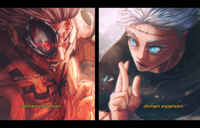 2boys absurdres akutami_gege blood blood_on_face blue_eyes colorized domain_expansion english_text gojou_satoru gojou_satoru_(okkotsu_yuuta) highres itzzazure jujutsu_kaisen multiple_boys okkotsu_yuuta red_eyes ryoumen_sukuna_(jujutsu_kaisen) ryoumen_sukuna_(true_form)_(jujutsu_kaisen) scar scar_on_face scar_on_forehead spoilers white_hair