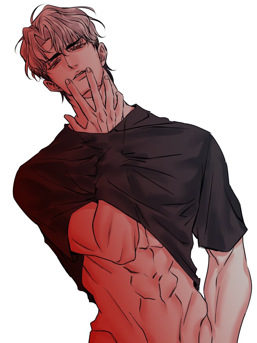 1boy abs absurdres black_hair black_shirt commentary_request eunho_(plave) fingernails hand_under_clothes hand_under_shirt highres korean_commentary looking_down male_focus multicolored_hair parted_lips plave red_eyes shirt short_hair simple_background solo stomach teeth toned toned_male two-tone_hair upper_body white_background white_hair yum_606