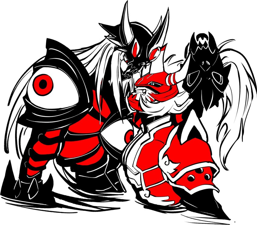 2boys agnimon armor blue_eyes clenched_teeth commentary_request digimon digimon_(creature) digimon_frontier duskmon extra_eyes forehead_jewel helmet highres horns korean_commentary limited_palette long_hair male_focus multiple_boys oh_sorry_01 partially_colored red_armor red_eyes simple_background teeth upper_body white_background