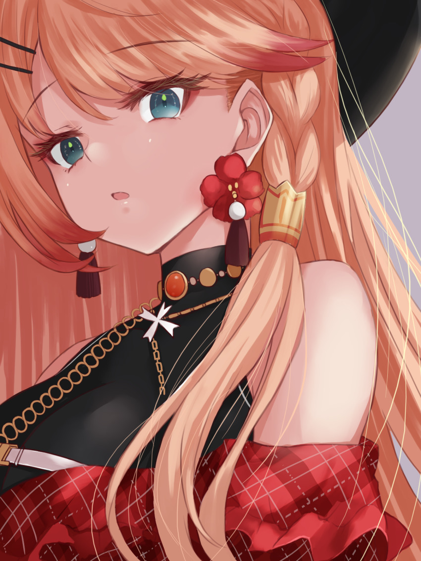 1girl azur_lane blonde_hair braid earrings flower_earrings green_eyes hat highres howe_(azur_lane) howe_(noble_rouge)_(azur_lane) jewelry long_hair looking_at_viewer miimu_(nelreg3) necklace open_mouth plaid single_braid solo_focus