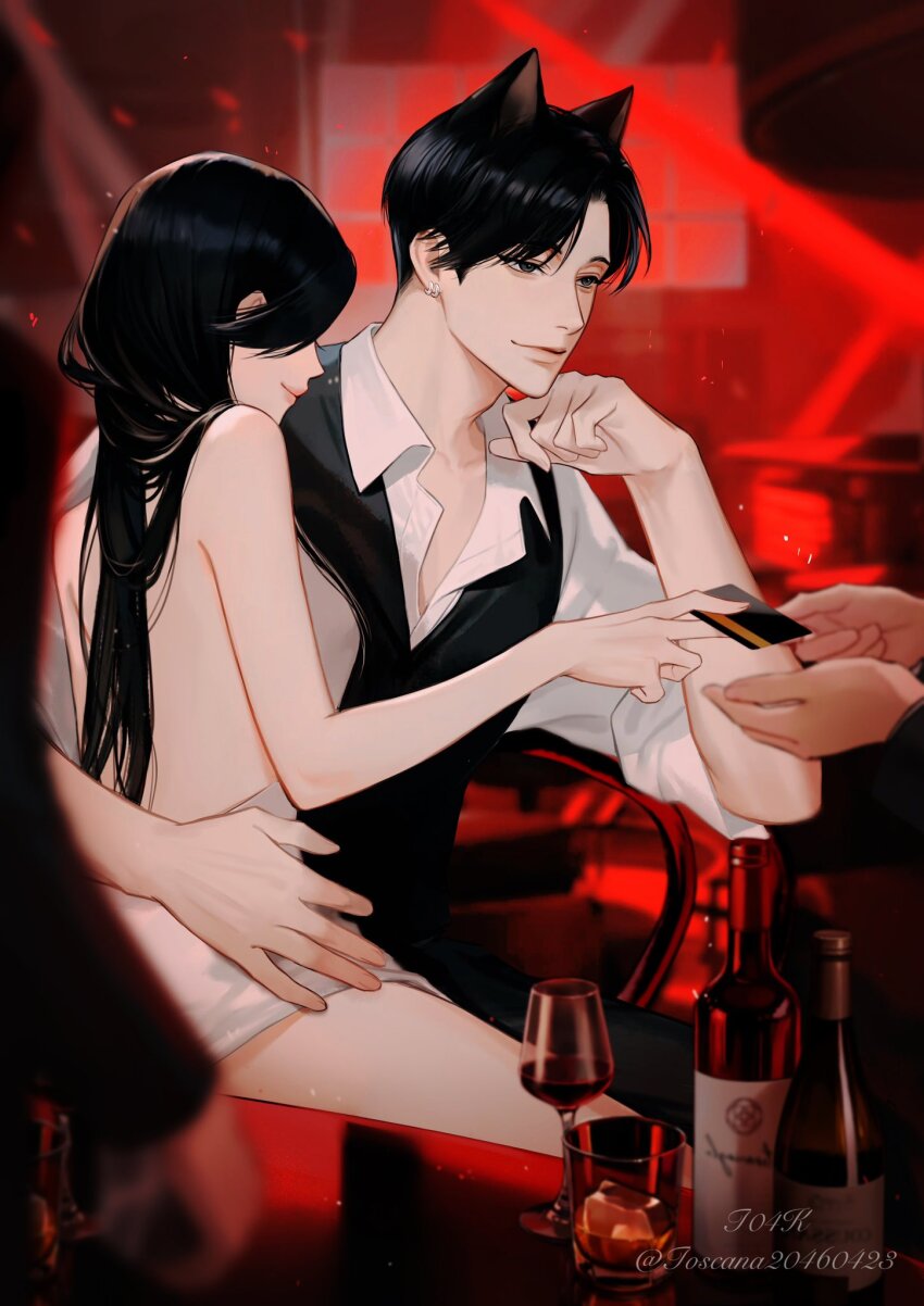 1boy 1girl 2others animal_ears artist_name bar_(place) bare_back bare_shoulders black_hair black_pants black_vest blurry blurry_background blurry_foreground bottle breasts cat_ears closed_mouth collarbone couple credit_card cup dress drinking_glass earrings faceless faceless_female glass grey_eyes hand_on_another&#039;s_hip hand_on_own_face hetero highres indoors jewelry light_particles long_hair looking_at_another multiple_others original pants red_light shirt short_hair sitting small_breasts smile strapless strapless_dress thick_lips toscana20460423 twitter_username upper_body vest white_background white_dress white_shirt wine_bottle wine_glass
