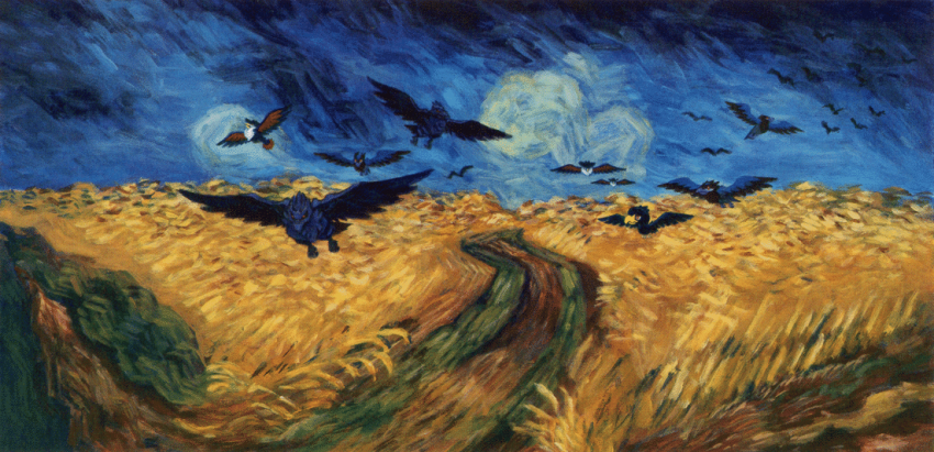animal_focus bird corviknight corvisquire evolutionary_line flying gen_2_pokemon gen_4_pokemon gen_8_pokemon honchkrow kimura_naoyo murkrow night night_sky nintendo no_humans official_art outdoors pokemon pokemon_(creature) pokemon_focus sky third-party_source vincent_van_gogh_(style) wheat_field