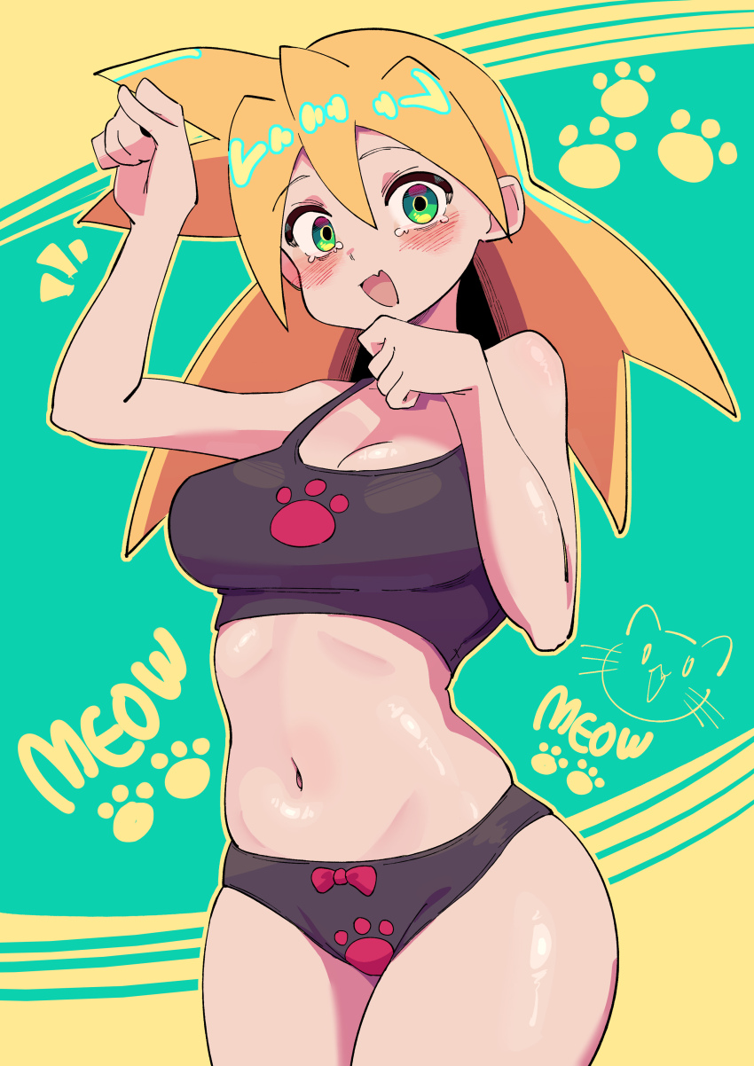 1girl absurdres bare_shoulders blonde_hair blush breasts buzzlyears cat female_focus green_eyes highres long_hair looking_at_viewer medium_breasts mega_man_(series) mega_man_legends_(series) open_mouth panties paw_print paw_print_background roll_caskett_(mega_man) shiny_skin underwear