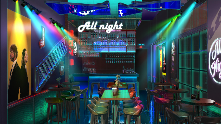 alcohol bar_(place) bottle chair chinese_commentary commentary_request english_text flower flower_pot glass highres light neon_lights no_humans original plant poster_(object) pulp_fiction scenery shelf sign spotlight table toilet xingzhi_lv
