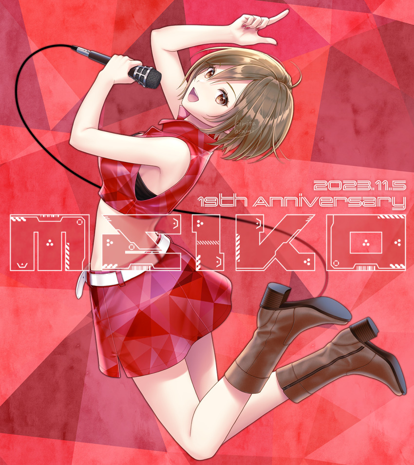 1girl anniversary arm_up boots brown_boots brown_eyes brown_hair character_name cropped_jacket dated english_text from_side full_body hair_between_eyes highres holding jumping kirita_asami looking_at_viewer meiko_(vocaloid) microphone midair midriff music nail_polish open_mouth red_nails red_skirt red_theme short_hair signature singing skirt smile solo vocaloid wire