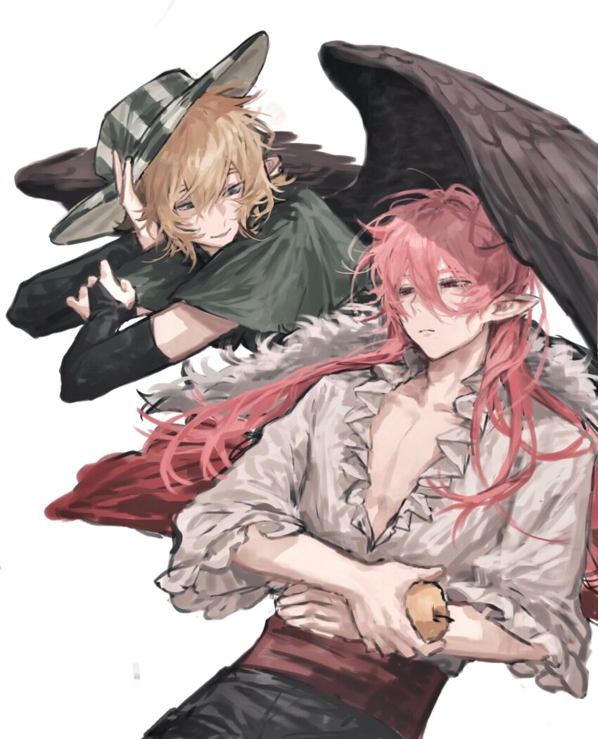 2boys 66aa0267 animal_ears animification apple bird_boy bird_wings bishounen black_gloves black_wings blonde_hair bucket_hat dream_smp elbow_gloves extra_ears food fruit gloves golden_apple green_shirt hat highres humanization long_hair looking_at_viewer lying male_focus minecraft_youtube multiple_boys partially_fingerless_gloves ph1lza pig_boy pig_ears pink_hair pointy_ears shirt short_hair simple_background technoblade very_long_hair white_background white_shirt wings