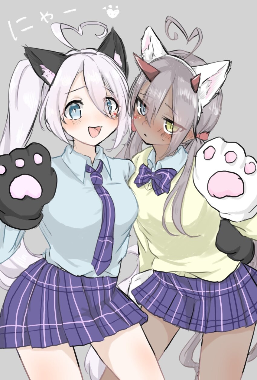2girls ahoge animal_ears animal_hands azur_lane blue_eyes blush cat_ears checkered_clothes checkered_skirt dark-skinned_female dark_skin embarrassed fake_animal_ears grey_hair hands_up heart heart_ahoge heterochromia high_ponytail highres indianapolis_(azur_lane) long_hair looking_at_viewer multiple_girls necktie np25np pleated_skirt ponytail portland_(azur_lane) purple_necktie purple_skirt school_uniform skirt white_hair yellow_eyes