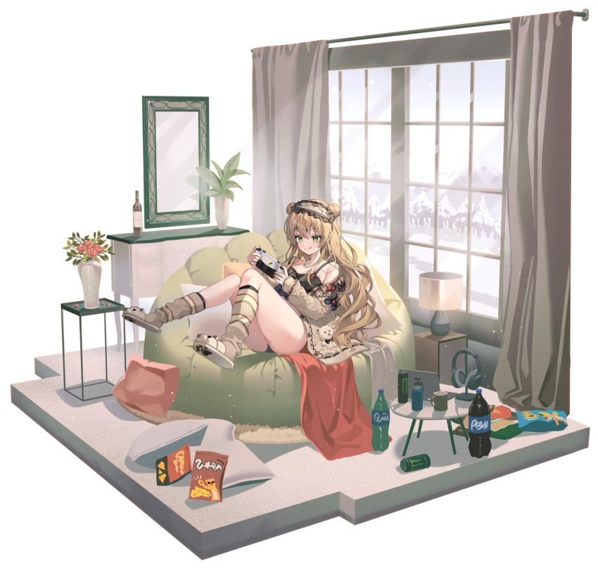 1girl bean_bag_chair black_camisole bottle breasts brown_hair brown_socks brown_sweater camisole character_print commentary full_body gin_(gin937) girls&#039;_frontline green_eyes hair_between_eyes handheld_game_console highres holding holding_handheld_game_console knit_sweater lamp long_hair loose_socks medium_breasts mirror mountainous_horizon pajamas pillow rfb_(girls&#039;_frontline) simple_background sleep_mask slippers socks soda_bottle solo striped_clothes striped_socks sweater symbol-only_commentary table thighs ump45_(girls&#039;_frontline) wavy_hair white_background window wine_bottle