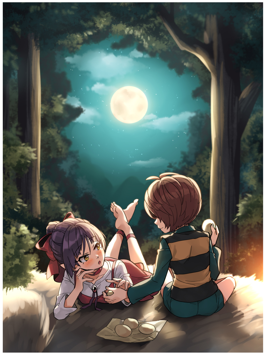 1girl absurdres ankle_ribbon aqua_shorts barefoot border bow breasts brown_hair choker collarbone dress food forest from_behind full_moon gegege_no_kitarou hair_bow highres indian_style kitarou leg_ribbon legs_up long_sleeves looking_at_another lying moon nature nekomusume nekomusume_(gegege_no_kitarou_6) night on_stomach open_mouth outdoors pinafore_dress profile purple_hair purple_ribbon red_bow red_choker red_dress red_ribbon ribbon shirt short_dress short_hair short_shorts shorts silanduqiaocui sitting sleeveless sleeveless_dress small_breasts soles the_pose toes white_border white_shirt yellow_eyes