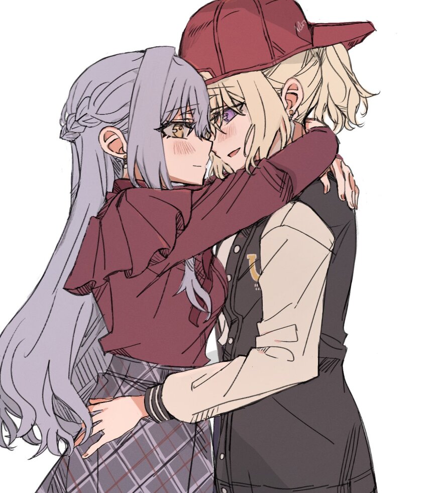 2girls arms_around_neck bang_dream! bang_dream!_it&#039;s_mygo!!!!! baseball_cap black_jacket blonde_hair blue_hair blush braid closed_mouth commentary grey_skirt half_up_braid hand_on_another&#039;s_waist hat highres jacket junjun_(kimi-la) long_hair misumi_uika multiple_girls parted_lips plaid_clothes plaid_skirt ponytail purple_eyes red_hat red_shirt shirt short_ponytail simple_background skirt smile togawa_sakiko white_background yellow_eyes yuri