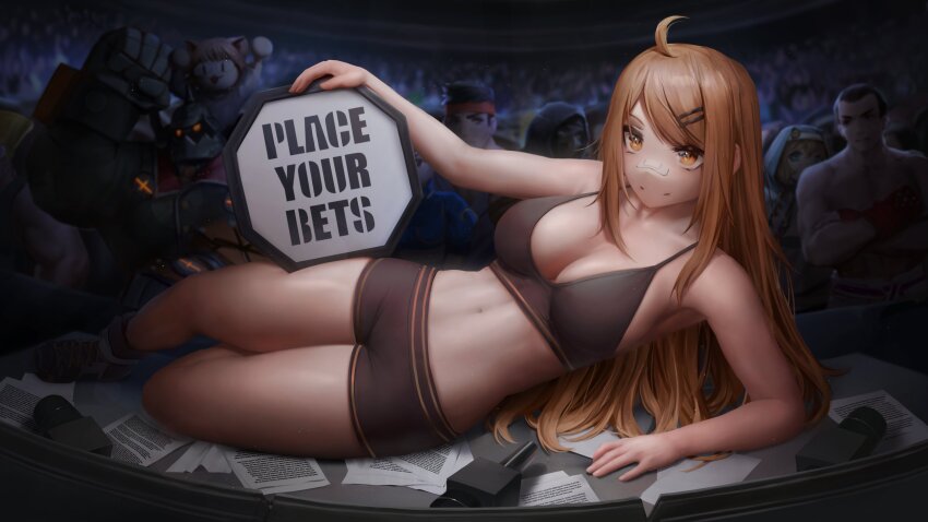 3girls 6+boys absurdres ahoge bandaid bandaid_on_face bandaid_on_nose bare_shoulders black_shirt black_shorts blurry blurry_background breasts bridget_(guilty_gear) brown_hair character_request cleavage commentary copyright_request crop_top english_commentary english_text full_body guilty_gear hair_ornament hairpin highres large_breasts long_hair looking_at_viewer lying microphone midriff multiple_boys multiple_girls navel neco-arc numanoan on_side orange_eyes original paper potemkin_(guilty_gear) second-party_source shirt shoes shorts sidelocks smile sneakers stadium street_fighter toned toned_female upper_body