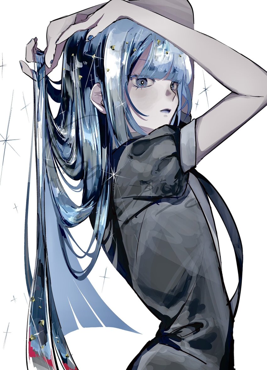 1other androgynous blue_eyes blue_hair blue_lips blunt_ends eyelashes gem_uniform_(houseki_no_kuni) goan_pizya hashtag-only_commentary highres houseki_no_kuni lapis_lazuli_(houseki_no_kuni) long_hair other_focus simple_background sparkle standing very_long_hair white_background