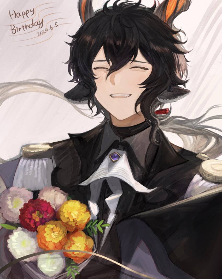 1boy absurdres animal_ears arknights black_footwear black_jacket bouquet brown_hair closed_eyes collared_shirt commentary dated ebenholz_(arknights) epaulettes flower goat_boy goat_ears goat_horns grey_background happy happy_birthday highres horns jacket long_hair male_focus open_mouth orange_flower pink_flower red_flower shirt smile solo upper_body white_flower yomotobi