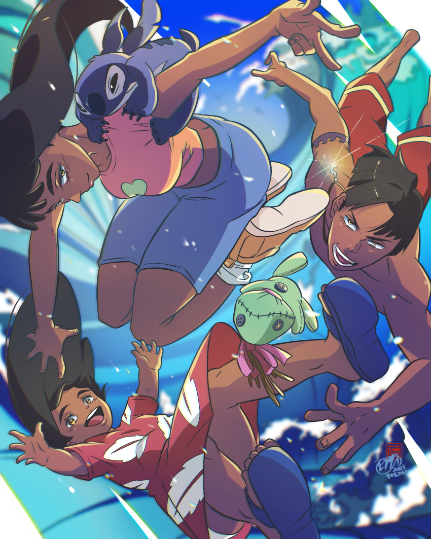 110isato 1boy 2023 2girls absurdres alien black_hair blue_fur child commentary crop_top david_kawena disney family floral_print highres lilo_&amp;_stitch lilo_pelekai male_swimwear midair multiple_girls nani_pelekai ocean sandals siblings signature sisters stitch_(lilo_&amp;_stitch) stuffed_toy swim_trunks tan tattoo topless_male tribal_tattoo v water water_drop waves