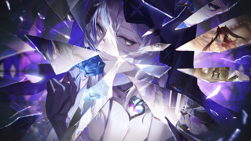 absurdres acheron_(honkai:_star_rail) black_swan_(honkai:_star_rail) breasts broken_glass cleavage glass highres honkai:_star_rail honkai_(series) looking_at_viewer medium_breasts portrait smile smirk sparkle_(honkai:_star_rail) stelle_(honkai:_star_rail) teeth tmt trailblazer_(honkai:_star_rail) veil
