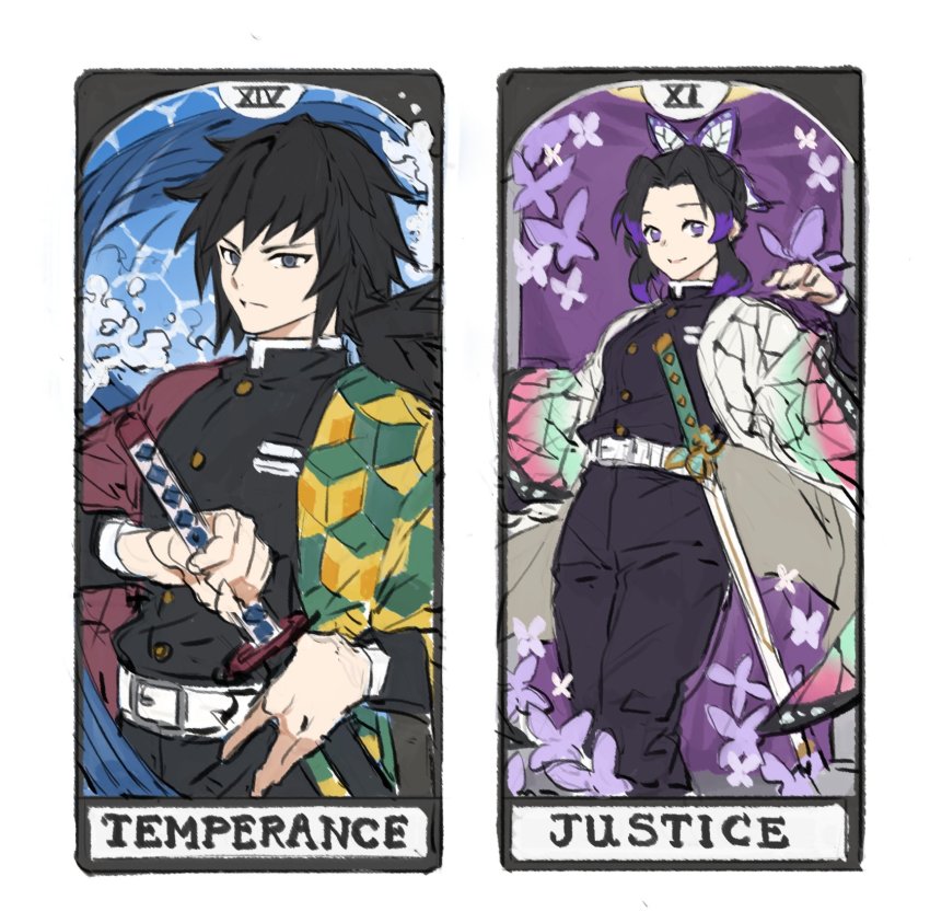 1boy 1girl belt black_hair bug butterfly butterfly_hair_ornament card_(medium) hair_ornament highres holding holding_sword holding_weapon insect japanese_clothes justice_(tarot) kimetsu_no_yaiba kochou_shinobu long_hair long_sleeves multicolored_hair papajay_(jennygin2) ponytail purple_eyes purple_hair sheath sheathed sword tarot tarot_(medium) temperance_(tarot) tomioka_giyuu water weapon white_belt