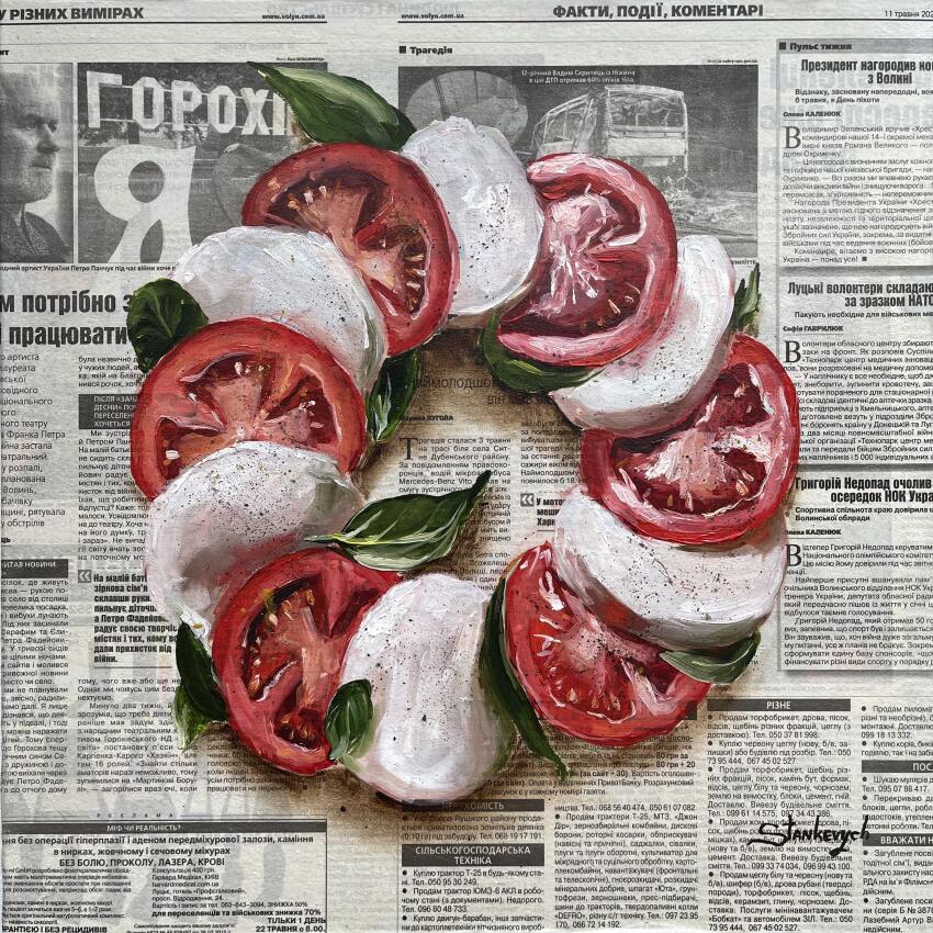absurdres basil_leaf cheese food food_focus highres julia_stankevych newspaper no_humans oil_painting_(medium) original painting_(medium) pepper_(spice) photo_(medium) realistic salad signature still_life tomato tomato_slice traditional_media wall_of_text