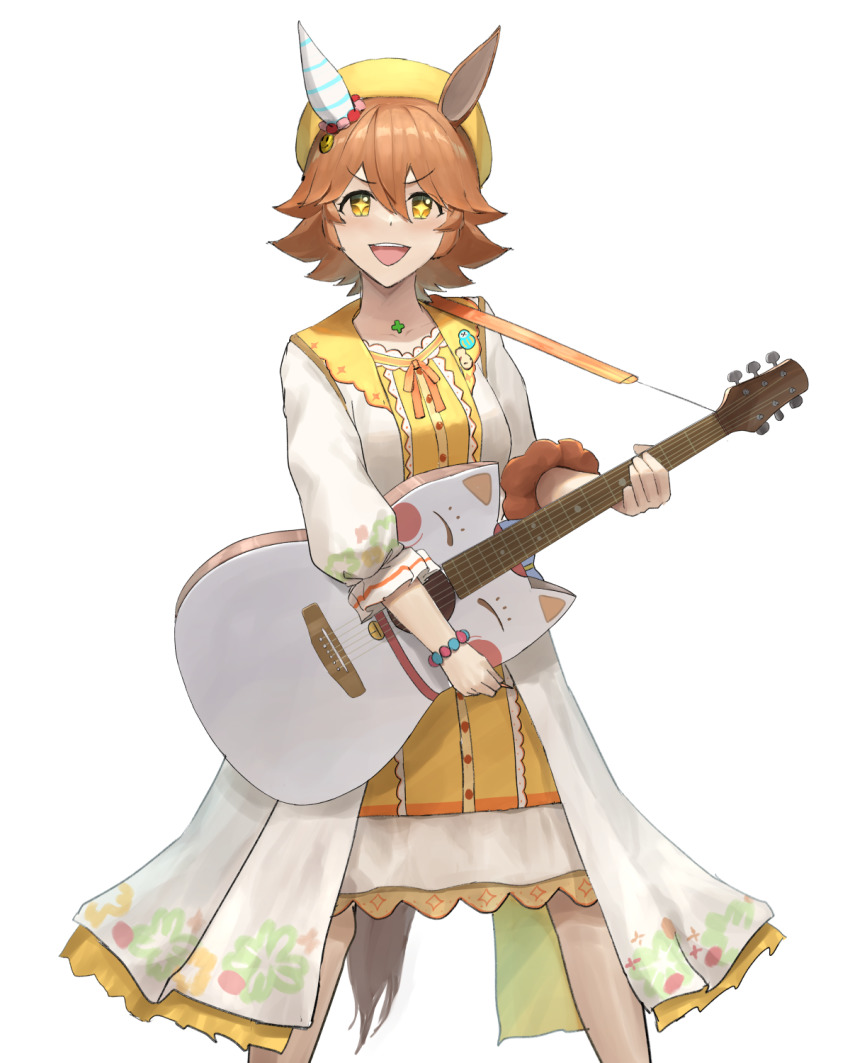 +_+ 1girl alternate_costume animal_ears bad_id bad_pixiv_id beret cowboy_shot dress ear_covers flipped_hair guitar hair_between_eyes hair_ornament hat highres holding holding_instrument horse_ears horse_girl horse_tail hrt_0001 instrument looking_at_viewer matikanefukukitaru_(good_omen_first_storm)_(umamusume) matikanefukukitaru_(umamusume) open_mouth orange_hat short_hair single_ear_cover solo spread_legs tail umamusume v-shaped_eyebrows