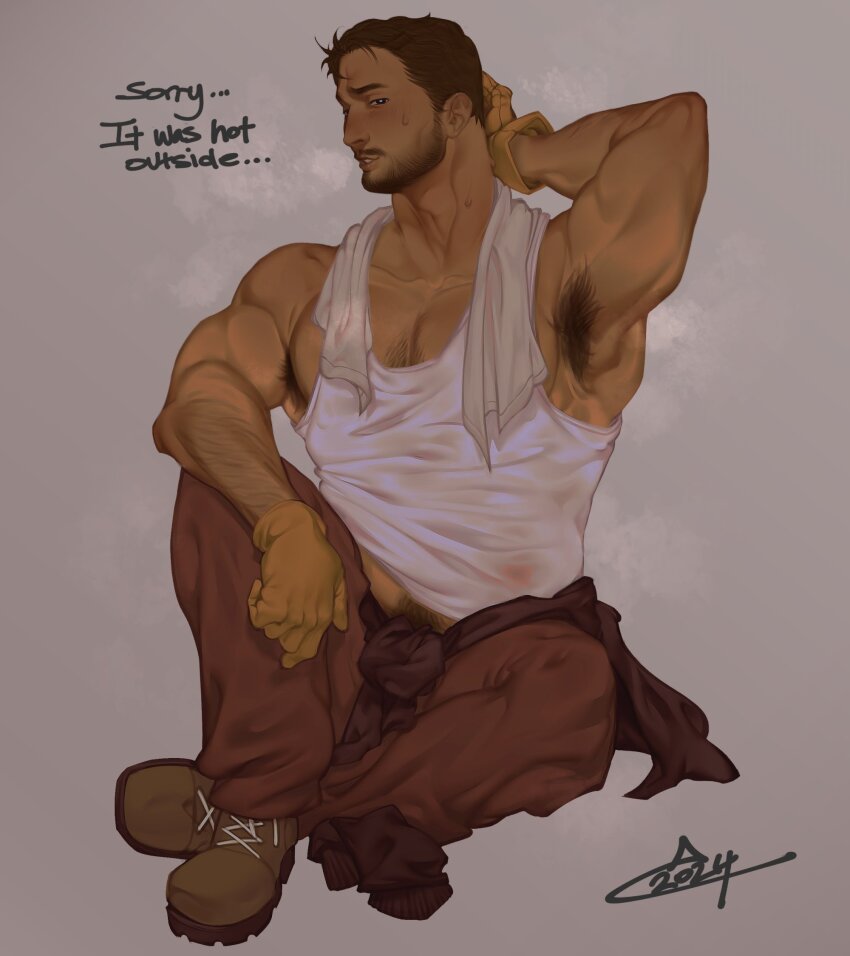 1boy armpit_hair armpit_hair_peek armpits bara beard blush brown_hair coral_island dark-skinned_male dark_skin facial_hair full_beard full_body highres large_pectorals looking_at_viewer male_focus mature_male midriff_peek muscular muscular_male navel_hair_peek pectoral_cleavage pectorals rafael_(coral_island) see-through_clothes short_hair sitting solo spacceguy sparse_chest_hair steaming_body sweaty_clothes tank_top thick_arm_hair thick_eyebrows tsurime white_tank_top
