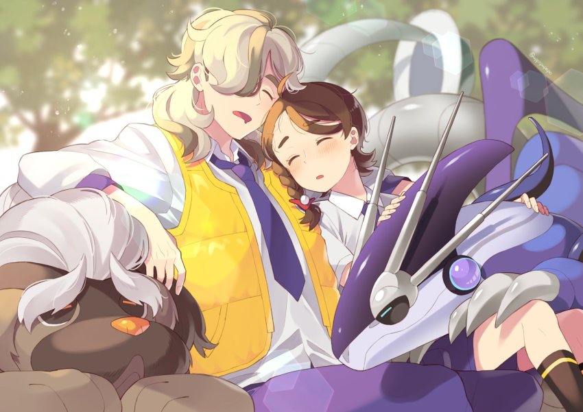 1boy 1girl arven_(pokemon) braid brown_hair closed_eyes collared_shirt hair_over_one_eye juliana_(pokemon) mabosstiff miraidon necktie nintendo pants pokemon pokemon_(creature) pokemon_sv purple_pants purple_shorts school_uniform shirt shorts side_braid sleeping uppi uva_academy_school_uniform vest