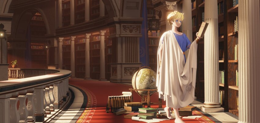 1boy aged_down barefoot blonde_hair blue_eyes blue_tunic book bracelet child column commentary english_commentary fxing9605 globe gold_bracelet gold_trim highres holding holding_book jewelry lantern laurel_crown library pillar plant potted_plant primarch robe roboute_guilliman short_hair solo tunic warhammer_40k