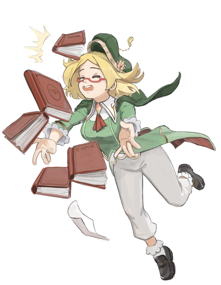 1girl absurdres bianca_(champion)_(pokemon) bianca_(pokemon) bonk book cape closed_eyes clumsy green_cape green_hat hat highres nintendo official_alternate_costume pants pokemon pokemon_masters_ex ricman_rt simple_background solo tripping white_background white_pants