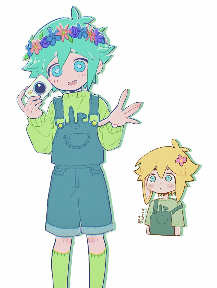 2boys :&lt; alternate_costume basil_(faraway)_(omori) basil_(headspace)_(omori) basil_(omori) blonde_hair blue_eyes blue_overalls blush camera closed_mouth flower green_eyes green_hair green_overalls green_shirt green_socks green_sweater hair_flower hair_ornament head_wreath highres holding holding_camera kneehighs long_sleeves looking_at_another looking_at_viewer male_focus multiple_boys omori open_mouth overall_shorts overalls shirt short_hair short_sleeves simple_background smile socks sweater t-shirt tate_ware_anal translation_request white_background