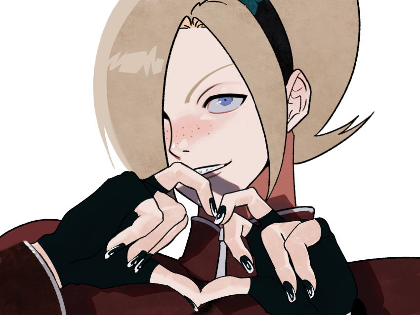 1boy androgynous ash_crimson black_hairband black_nails blonde_hair blue_eyes collared_jacket freckles hair_over_one_eye hairband heart heart_hands hexermer high_collar highres jacket long_sleeves looking_ahead male_focus nail_polish one_eye_covered red_jacket simple_background smile solo teeth the_king_of_fighters the_king_of_fighters_xiii upper_body white_background