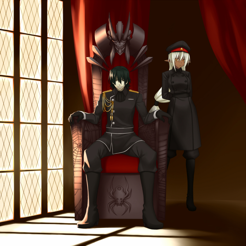 1boy 1girl aiguillette boots cosplay dark_elf dark_skin elf epaulettes grin hanachirasu hat highres ishima_kaigen long_hair mayo mayo-black military military_uniform minato_kageaki nitroplus parody peaked_cap pointy_ears sansei_muramasa smile soukou_akki_muramasa throne white_hair window