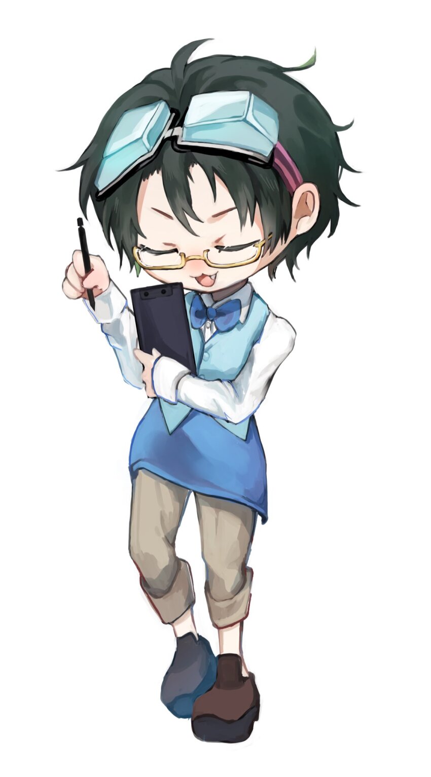 1boy blue_bow bow bowtie full_body glasses gnosia goggles green_hair highres jacket jewelry koyuuuuuuuuuuu long_sleeves looking_at_viewer male_focus necklace pants pen sha-ming shirt short_hair solo zipper