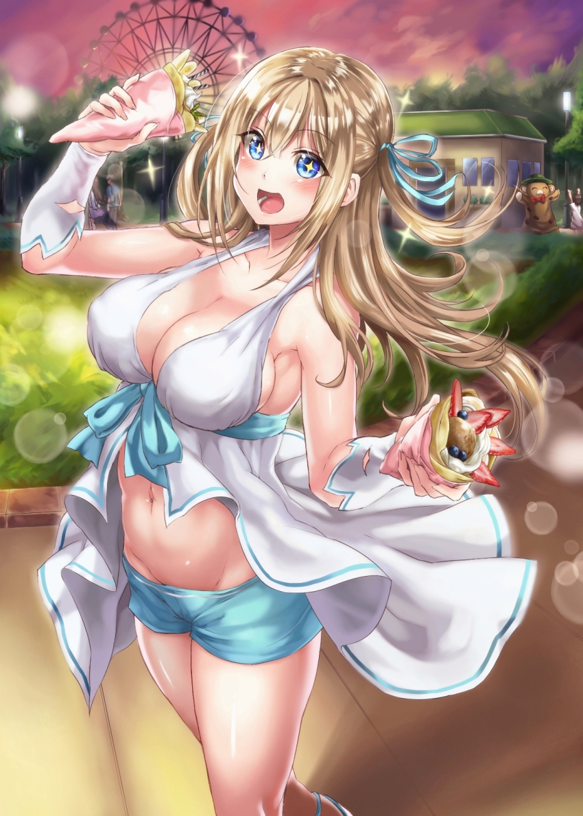 +_+ 2boys 2girls amagi_brilliant_park armpits bare_shoulders blonde_hair blue_eyes blue_ribbon blueberry blurry blush bokeh breasts child cleavage commentary_request cowboy_shot crepe depth_of_field eyes_visible_through_hair ferris_wheel food fruit groin hair_ribbon halterneck highres hikari_(komitiookami) holding holding_crepe holding_food lamppost large_breasts long_hair looking_at_viewer midriff moffle multiple_boys multiple_girls navel open_mouth ribbon short_shorts shorts smile sparkle sparkling_eyes strawberry sylphy_(amaburi) two_side_up